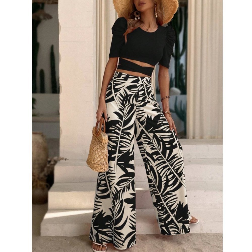 Black Boho Coord set tie Back Tee & Tropical Print Wide Leg Pants - Picture 4 of 7
